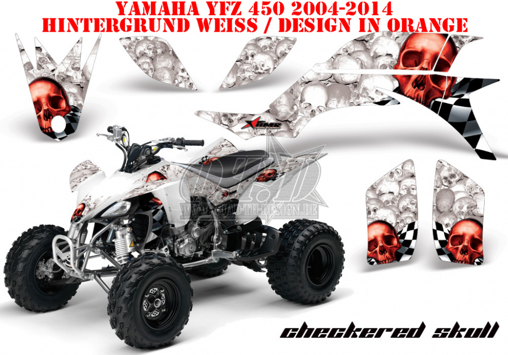 Checkered Skull Hintergrund = Weiß, Designfarbe = Rot für Yamaha YFZ 450 2004-2008 & 2012-2014