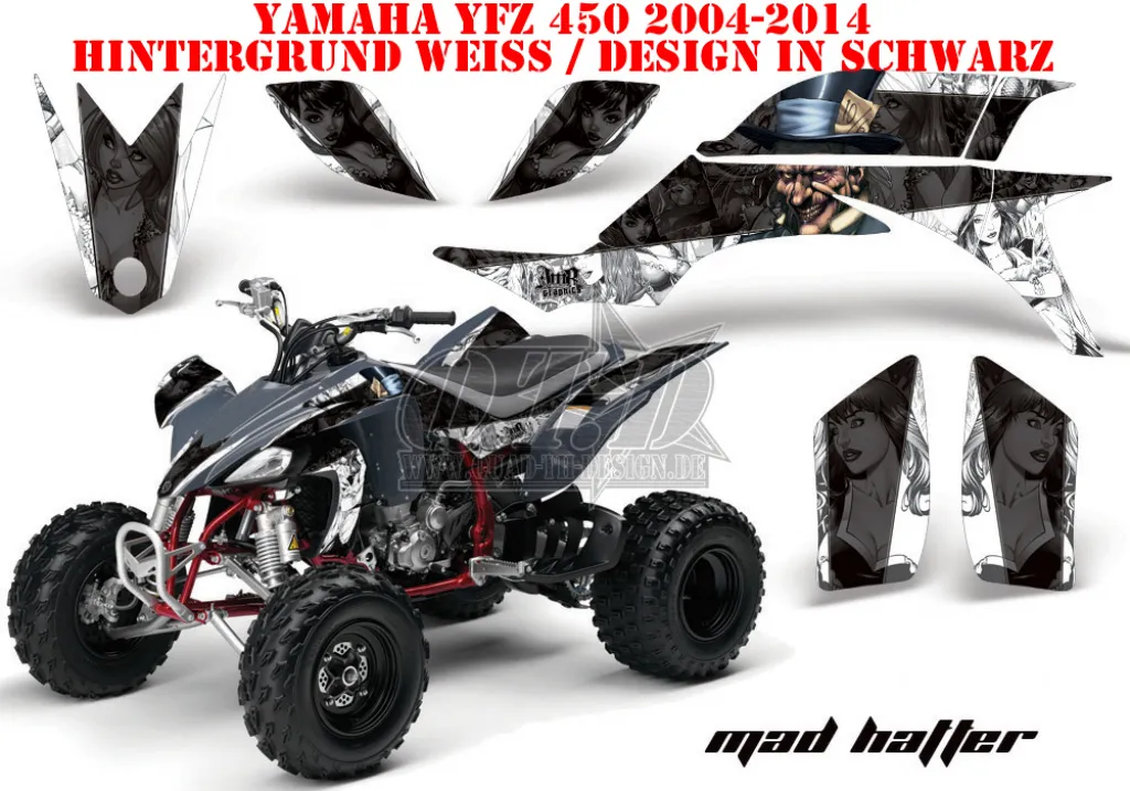 Mad-Hatter Background = White, Design color = Black for Yamaha YFZ 450 2004-2008 & 2012-2014