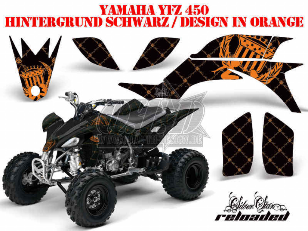 SilverStar - Reloaded Hintergrund = Schwarz, Designfarbe = Orange für Yamaha YFZ 450 2004-2008 & 2012-2014