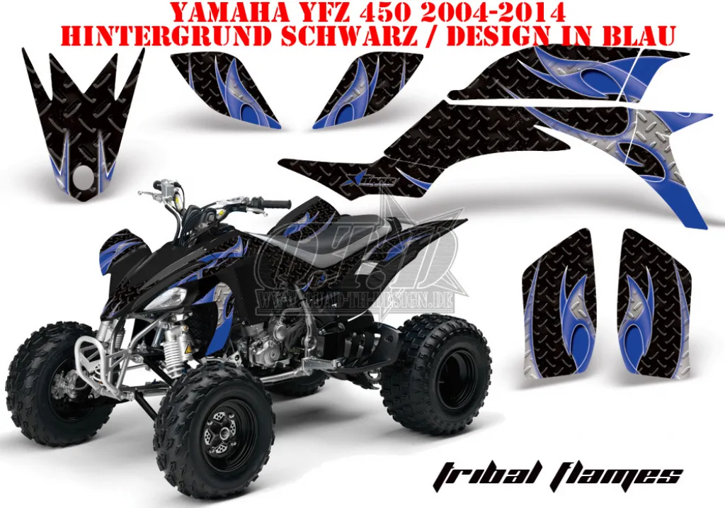 Tribal Flames Background = Black, Design color = Blue for Yamaha YFZ 450 2004-2008 & 2012-2014