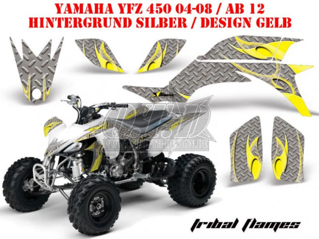 Tribal Flames Background = Silver, Design color = Yellow for Yamaha YFZ 450 2004-2008 & 2012-2014