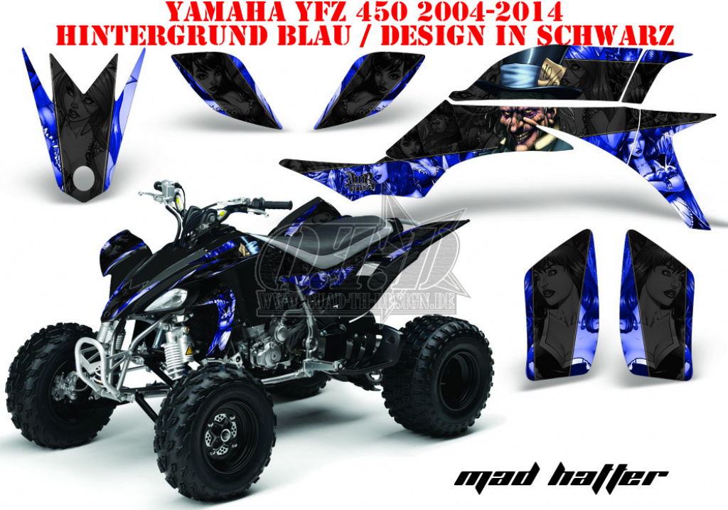 Mad-Hatter Hintergrund = Blau, Designfarbe = Schwarz für Yamaha YFZ 450 2004-2008 & 2012-2014