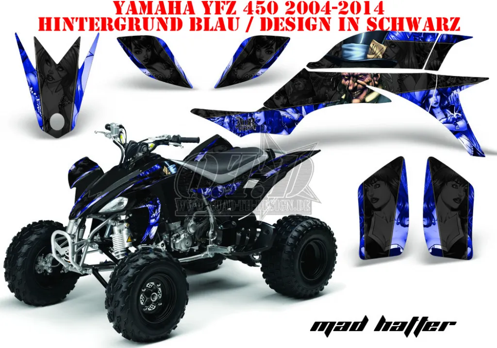 Mad-Hatter Background = Blue, Design color = Black for Yamaha YFZ 450 2004-2008 & 2012-2014