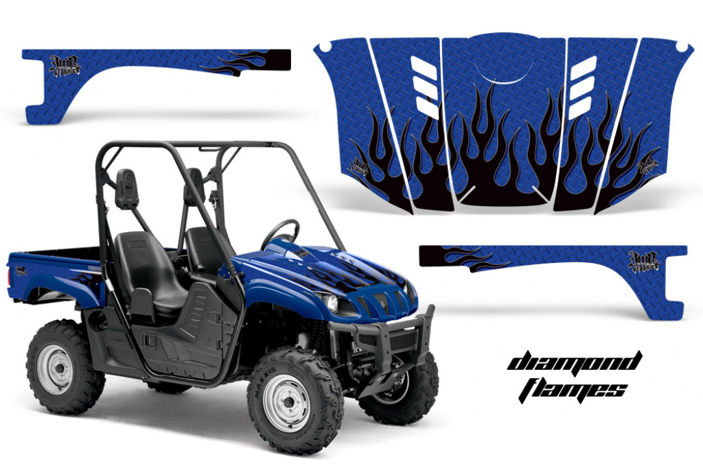Diamond Flames Background = Blue, Design color = Black for Yamaha Rhino 700/660/450