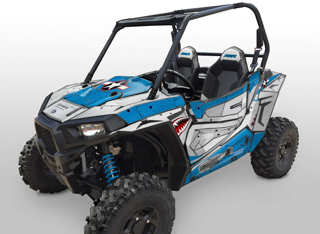 War Machine Hintergrund = Voodoo Blau, Designfarbe = Silber für Polaris RZR 900S/1000S 2 Türer 2015-2020