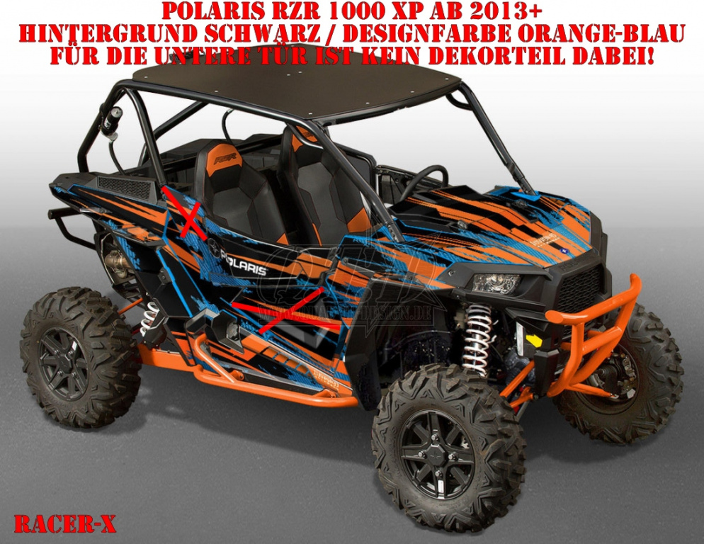 Racer-X Hintergrundfarbe = Schwarz, Designfarbe = Orange-Blau für Polaris RZR 1000 XP/Turbo 2 Türer 2013-2018