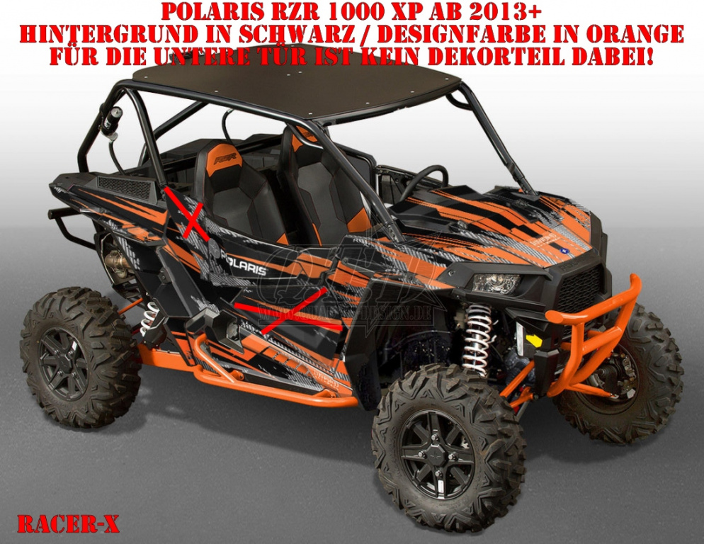 Racer-X Hintergrundfarbe = Schwarz, Designfarbe = Orange für Polaris RZR 1000 XP/Turbo 2 Türer 2013-2018