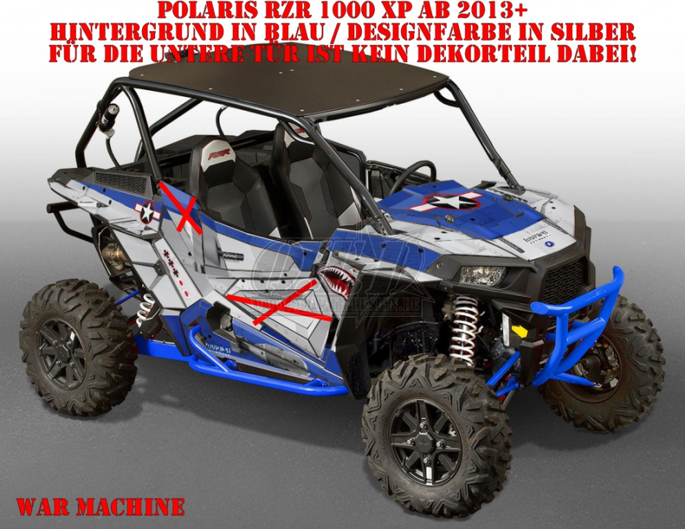 War Machine Hintergrund = Blau, Designfarbe = Silber für Polaris RZR 1000 XP/Turbo 2 Türer 2013-2018
