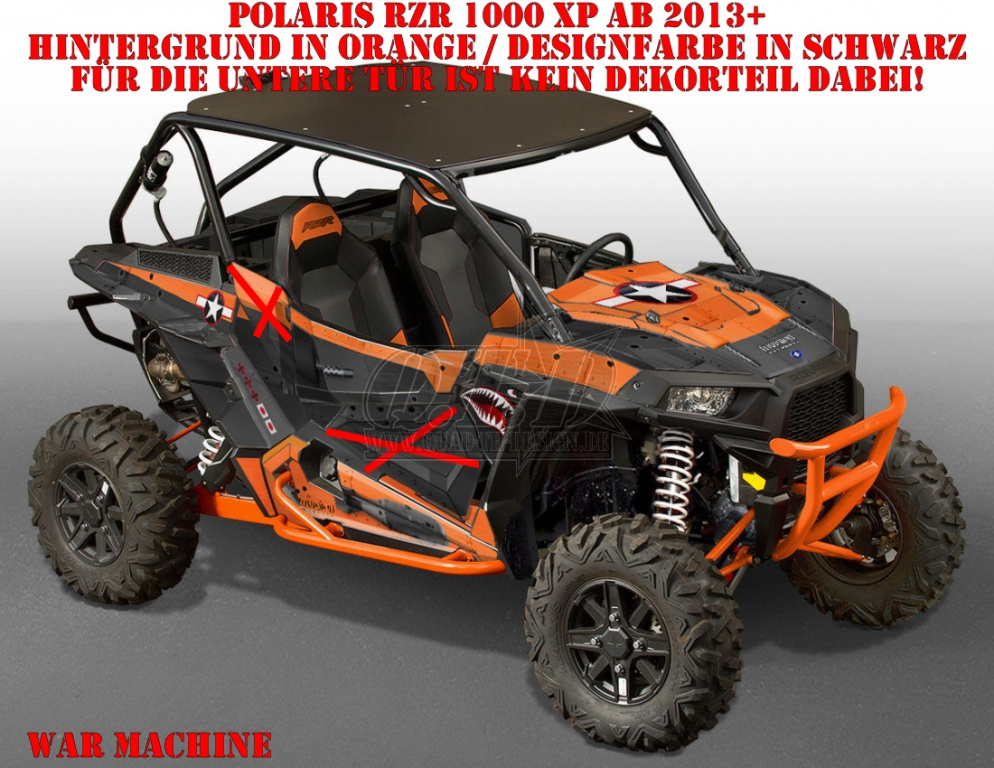 War Machine Hintergrund = Orange, Designfarbe = Schwarz für Polaris RZR 1000 XP/Turbo 2 Türer 2013-2018