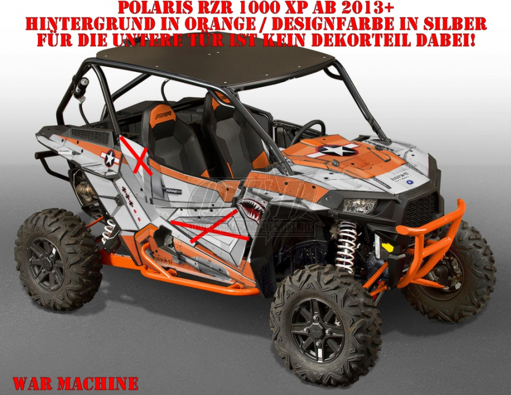 War Machine Hintergrund = Orange, Designfarbe = Silber für Polaris RZR 1000 XP/Turbo 2 Türer 2013-2018