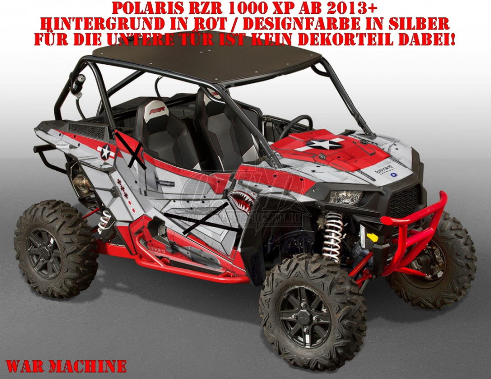 War Machine Hintergrund = Rot, Designfarbe = Silber für Polaris RZR 1000 XP/Turbo 2 Türer 2013-2018
