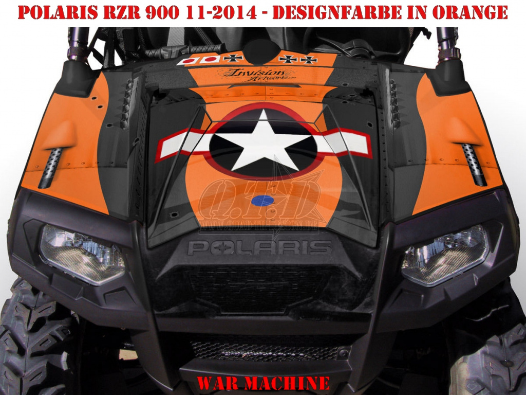 War Machine Hintergrund = Schwarz, Designfarbe = Orange für Polaris RZR 900XP - 2011-2014