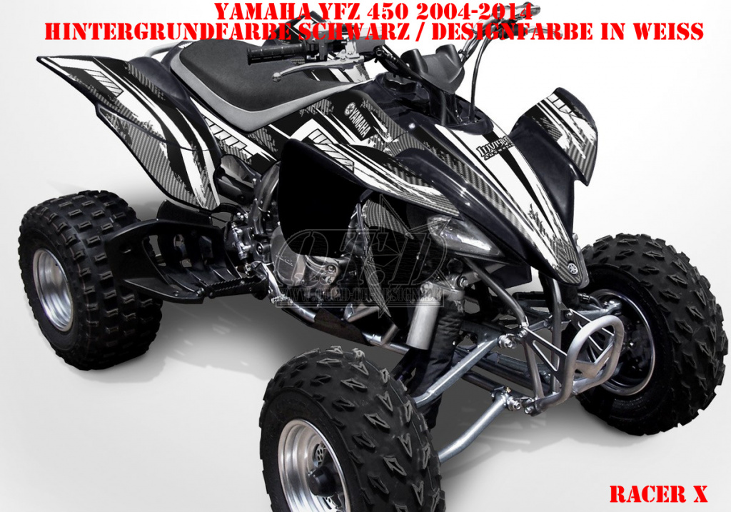 Racer-X Hintergrundfarbe = Schwarz, Designfarbe = Weiß für Yamaha YFZ 450 2004-2008 & 2012-2014