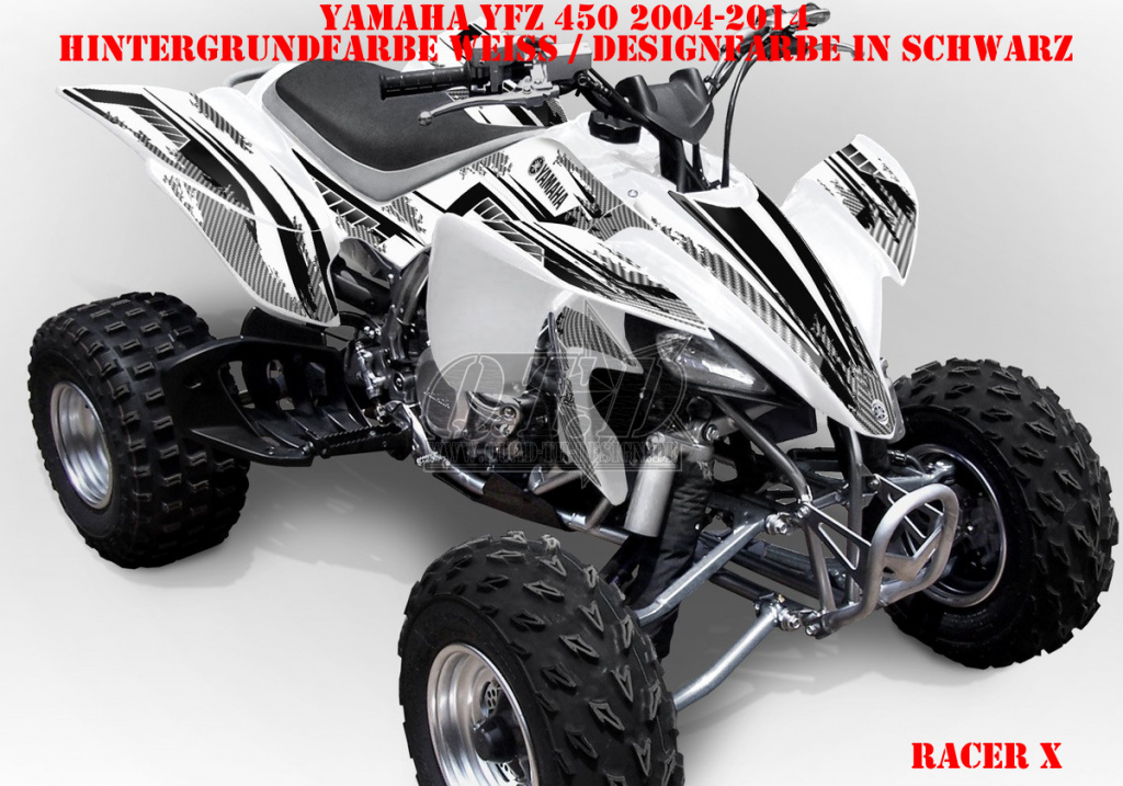 Racer-X Hintergrundfarbe = Weiß, Designfarbe = Schwarz für Yamaha YFZ 450 2004-2008 & 2012-2014