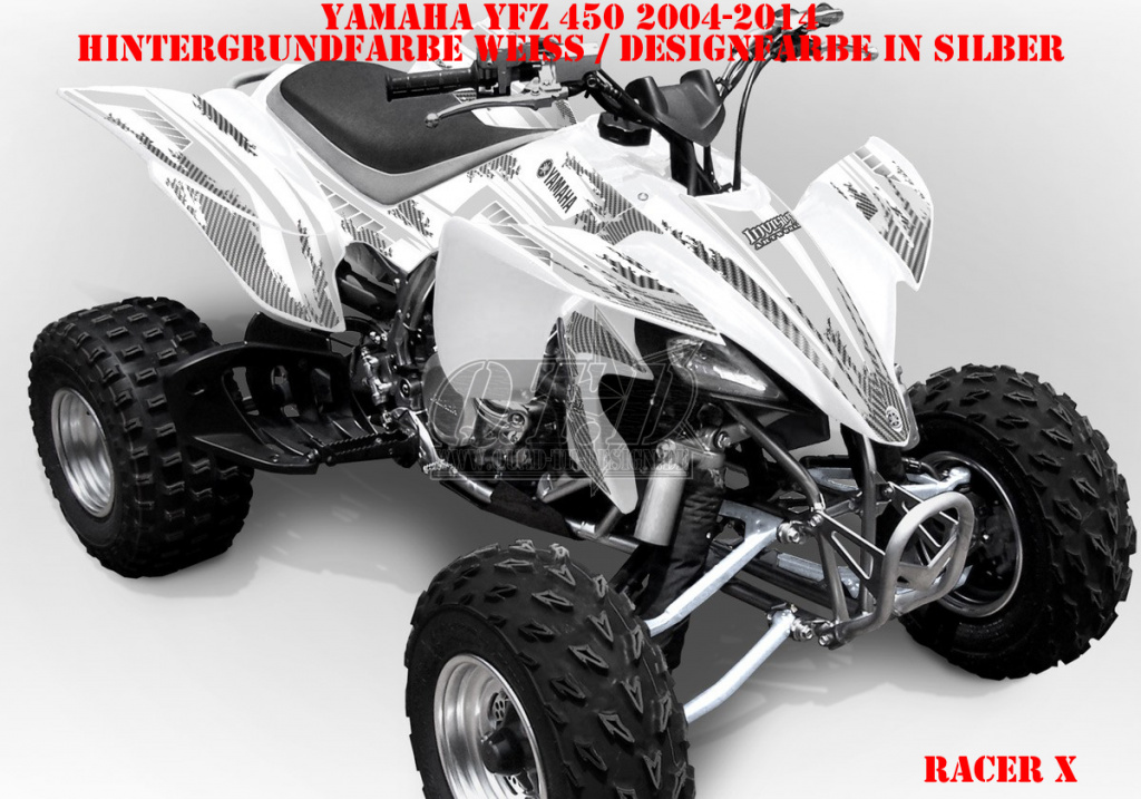 Racer-X Hintergrundfarbe = Weiß, Designfarbe = Silber für Yamaha YFZ 450 2004-2008 & 2012-2014