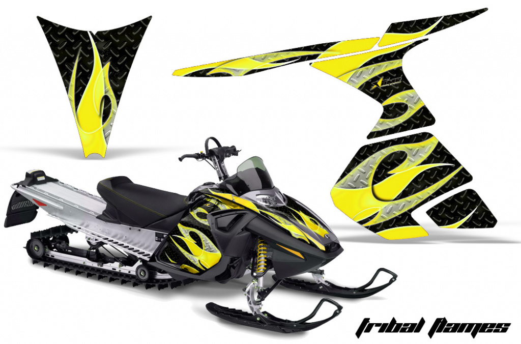Tribal Flames Background = Black, Design color = Yellow for CAN-AM Ski Doo RT Sled 2005-2009