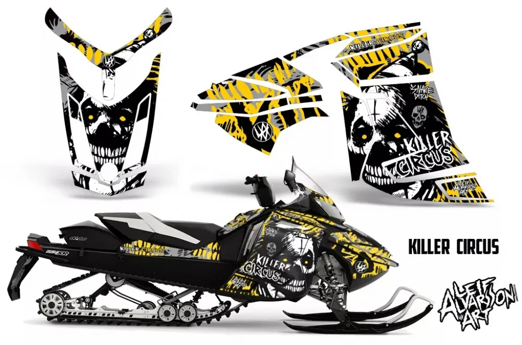 Killer Circus Hintergrund = Silber, Designfarbe = Gelb für CAN-AM Ski Doo Rev XR/GSX/MXZ Sled 2009-2015