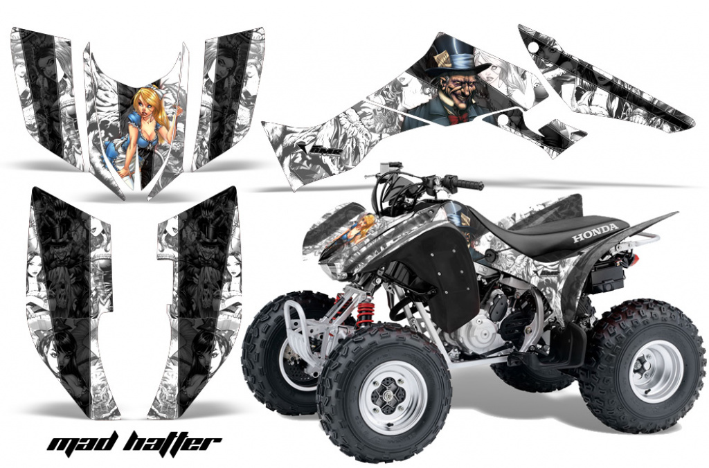 Mad Hatter Background = White, Design color = Black for Honda TRX 300EX 2007-2013