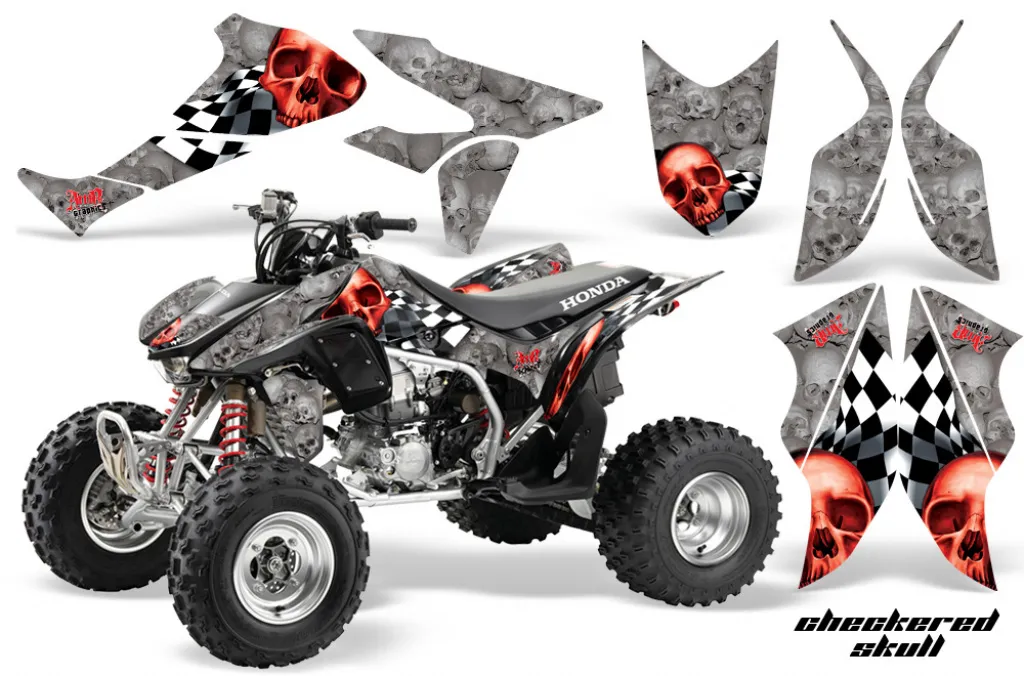 Checkered Skull Hintergrund = Silber, Designfarbe = Rot für Honda TRX 450R 2004-2016