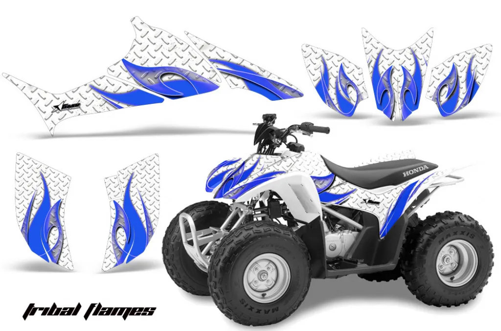 Tribal Flame Hintergrund = Weiß, Designfarbe = Blau für Honda TRX 90EX 2006-2019