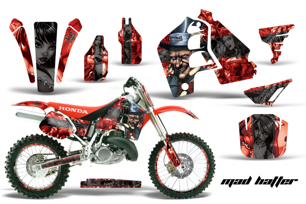 Mad Hatter Hintergrund = Rot, Designfarbe = Schwarz mit Nummernfeldern für Honda CR500 1989-2001