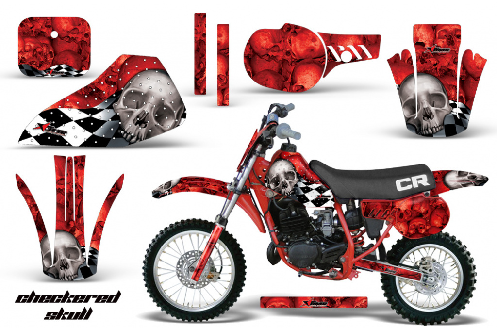 Checkered Skull Hintergrund = Rot, Designfarbe = Silber mit Nummernfeldern für Honda CR60 1984-1985