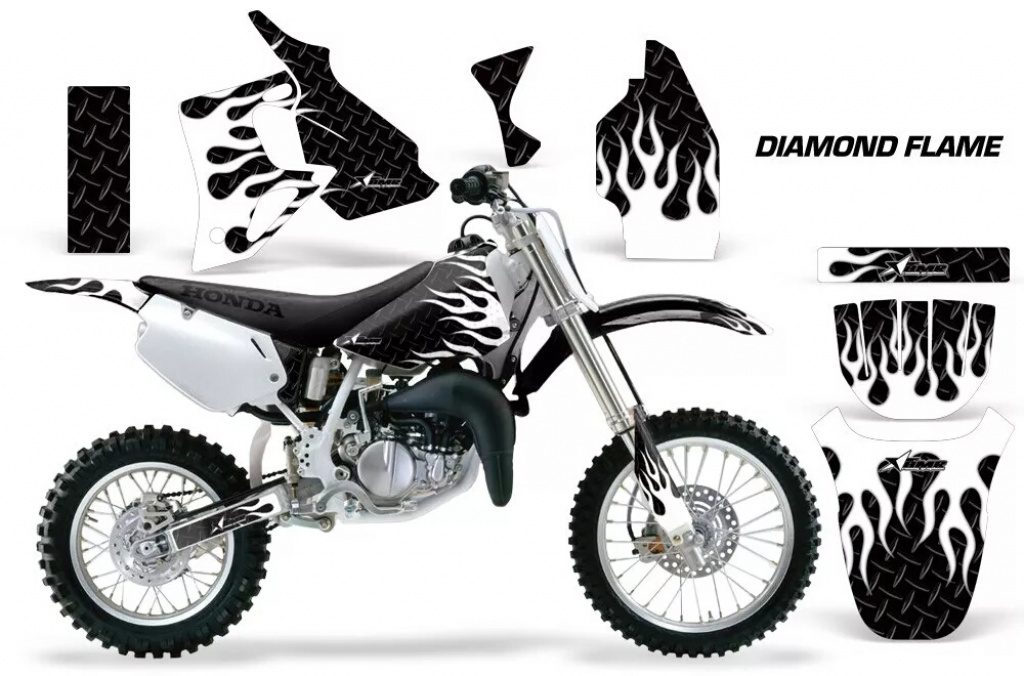 Diamond Flame Hintergrund = Schwarz, Designfarbe = Weiß mit Nummernfeldern für Honda CR80 1996-2002