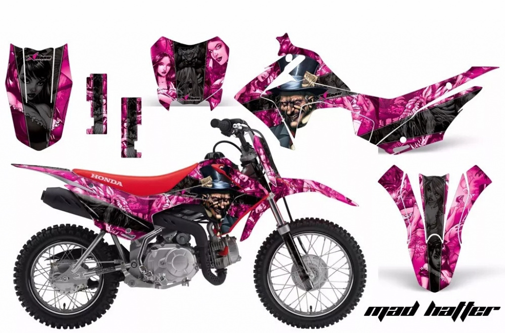 Mad Hatter Hintergrund = Pink, Designfarbe = Schwarz mit Nummernfeldern für Honda CRF110 F 2013-2018