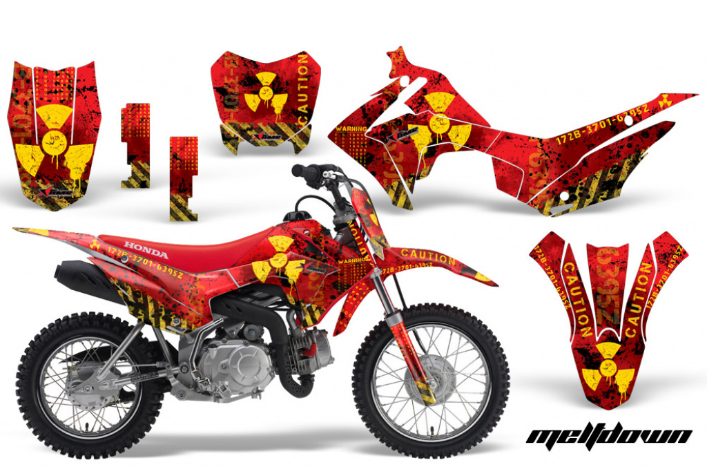Meltdown Hintergrund = Rot, Designfarbe = Gelb mit Nummernfeldern für Honda CRF110 F 2013-2018