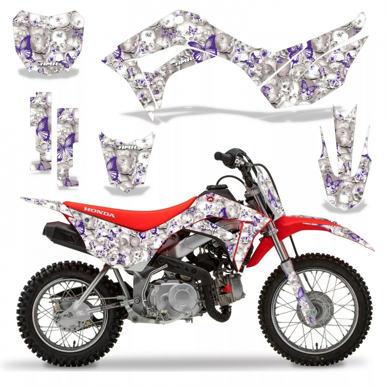 Butterfly Background = White, Design color = Purple with number plates for Honda CRF110 F 2019-2021