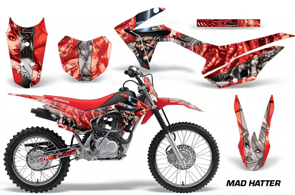 Mad Hatter Hintergrund = Rot, Designfarbe = Silber mit Nummernfeldern für Honda CRF125 F 2014-2018