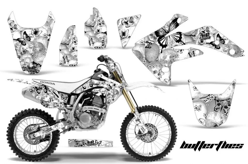 Butterfly Hintergrund = Weiß, Designfarbe = Schwarz mit Nummernfeldern für Honda CRF150R 2007-2016