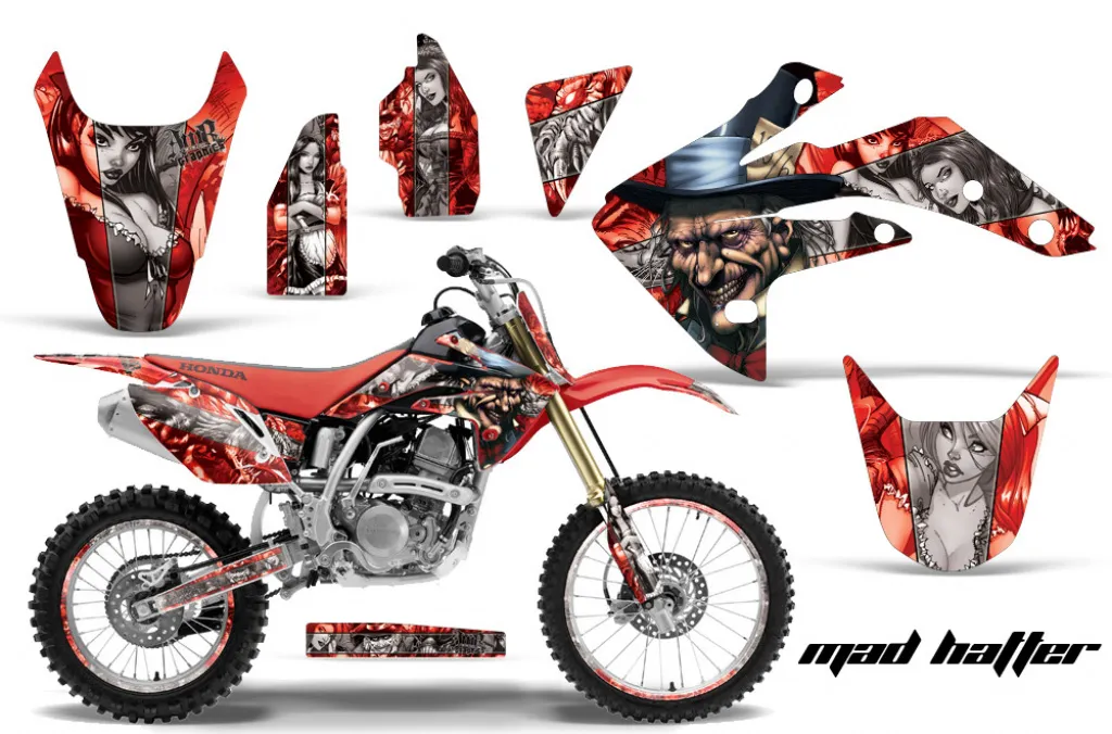 Mad Hatter Hintergrund = Rot, Designfarbe = Silber mit Nummernfeldern für Honda CRF150R 2007-2016