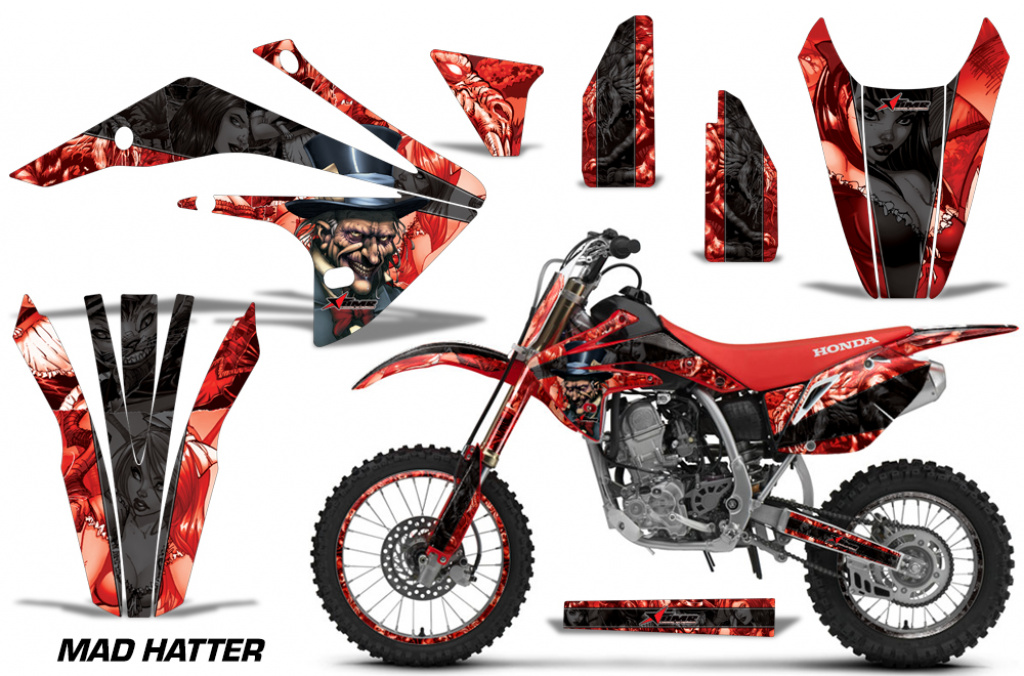 Mad Hatter Background = Red, Design color = Black with number plates for Honda CRF150R 2017-2021