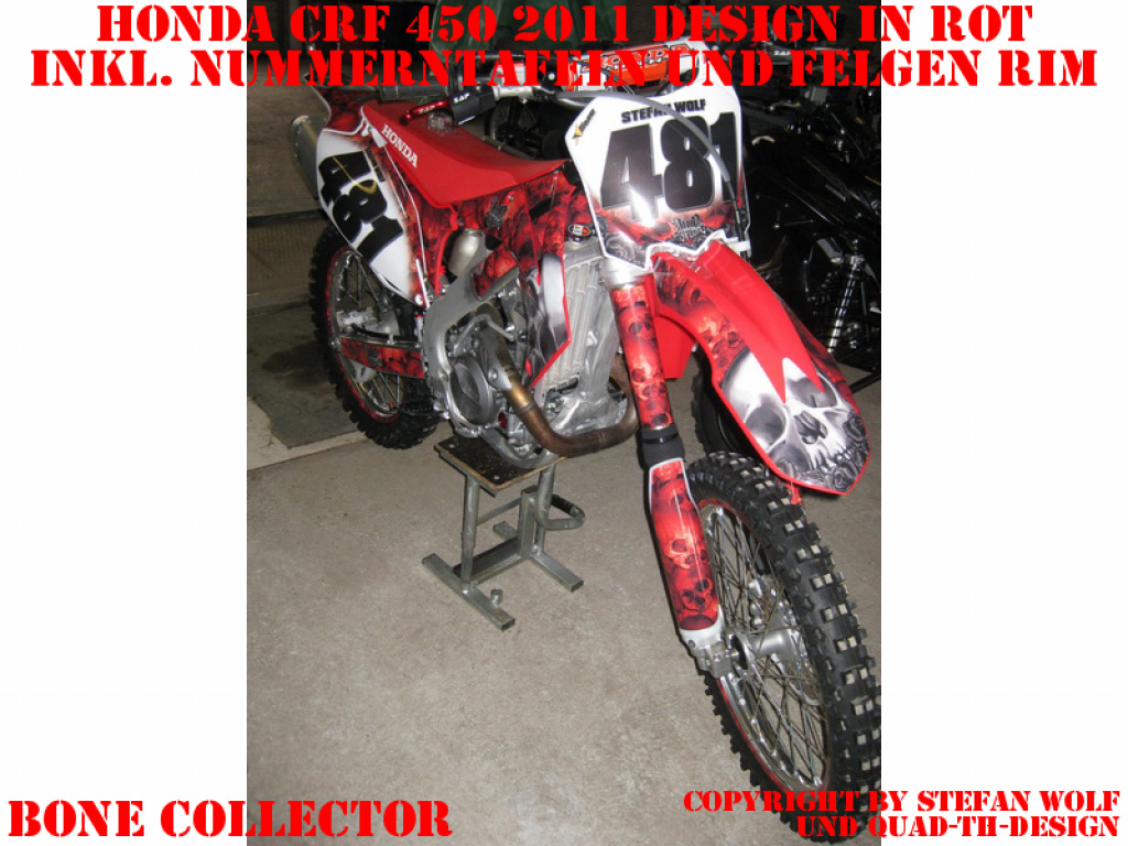 Bone Collector Design color = Red with number plates and rim decals for Honda CRF450R 2009-2012