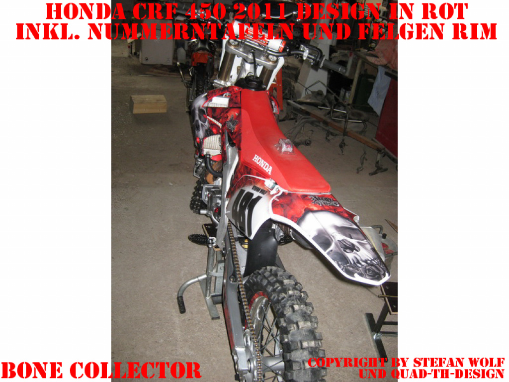 Bone Collector Design color = Red with number plates and rim decals for Honda CRF450R 2009-2012