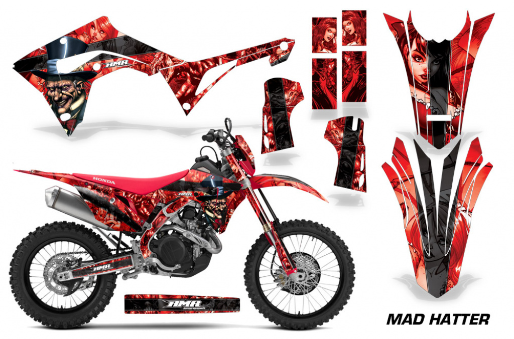 Mad Hatter Hintergrund = Rot, Designfarbe = Schwarz mit Nummernfeldern für Honda CRF450X 2017-2024