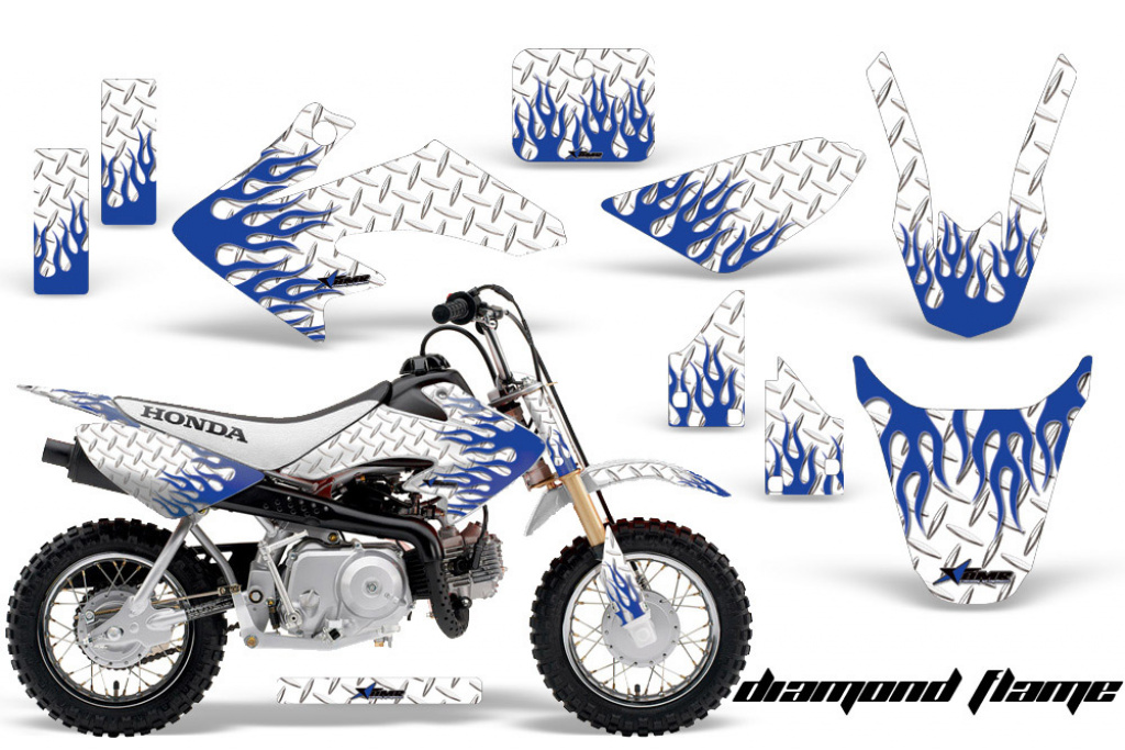 Diamond Flames Background = White, Design color = Blue with number plates for Honda CRF50 2004-2013