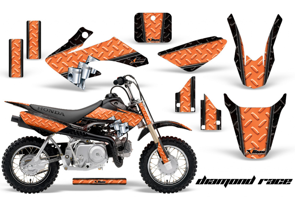 Diamond Race Background = Black, Design color = Orange with number plates for Honda CRF50 2004-2013