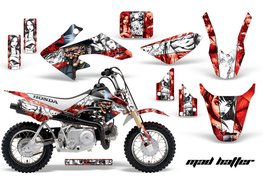 Mad Hatter Background = Red, Design color = White with number plates for Honda CRF50 2004-2013