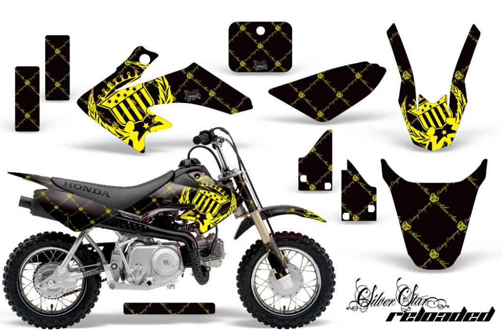 SilverStar - Reloaded Background = Black, Design color = Yellow with number plates for Honda CRF50 2004-2013