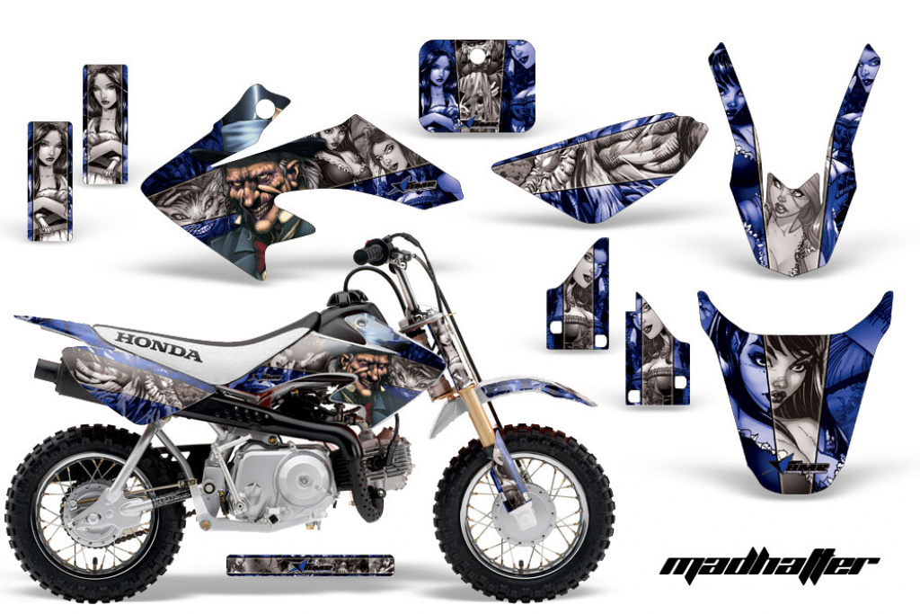 Mad Hatter Background = Blue, Design color = Silver with number plates for Honda CRF50 2004-2013