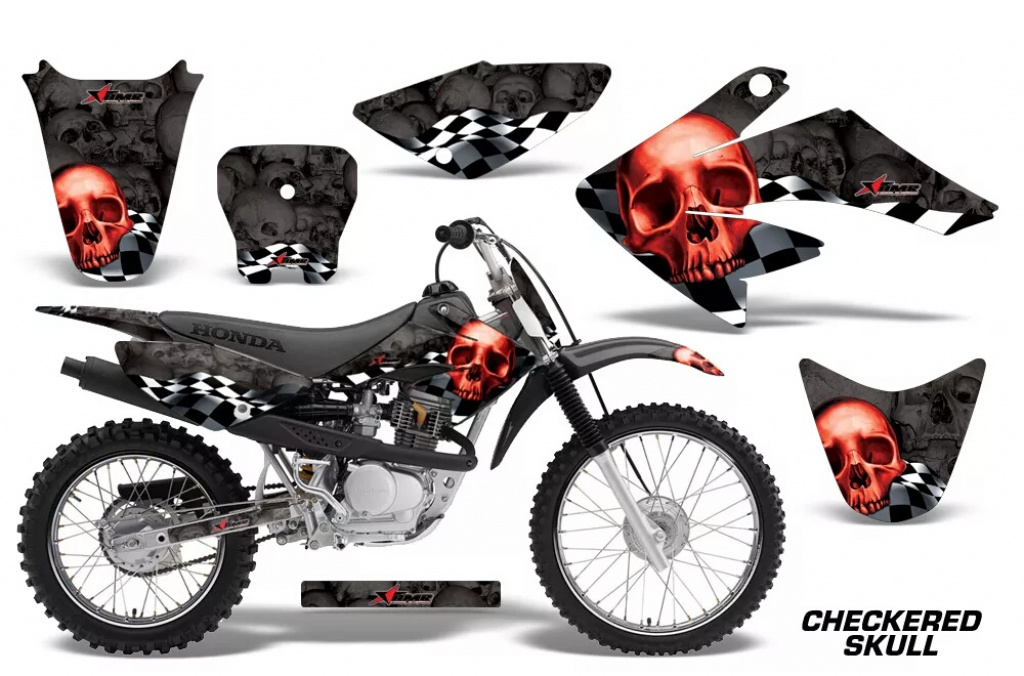 Checkered Skull Background = Black, Design color = Red with number plates for Honda CRF80/CRF100 2004-2010
