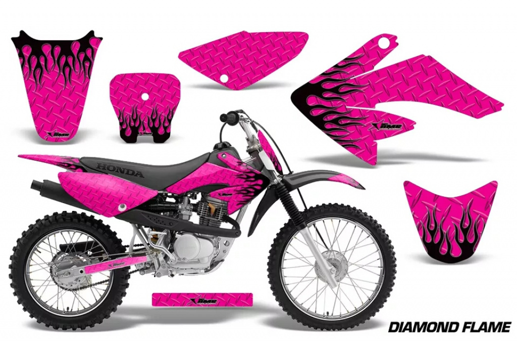 Diamond Flames Background = Pink, Design color = Black with number plates for Honda CRF80/CRF100 2004-2010