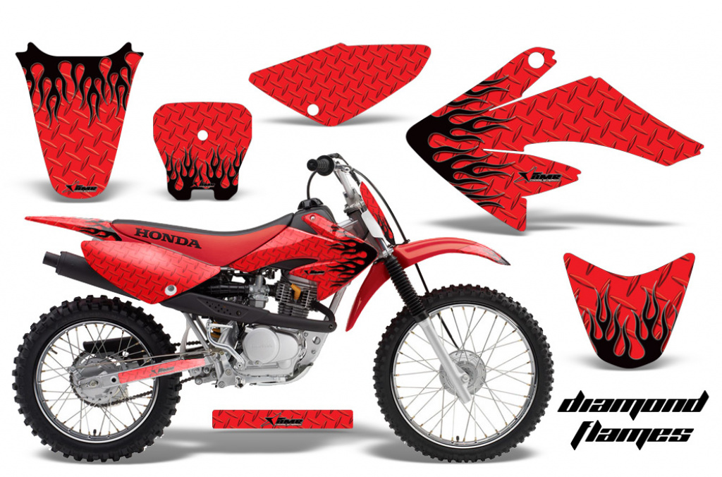 Diamond Flames Background = Red, Design color = Black with number plates for Honda CRF80/CRF100 2004-2010
