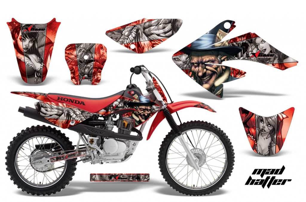 Mad Hatter Background = Red, Design color = Silver with number plates for Honda CRF80/CRF100 2004-2010