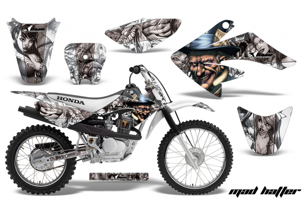 Mad Hatter Background = White, Design color = Silver with number plates for Honda CRF80/CRF100 2004-2010
