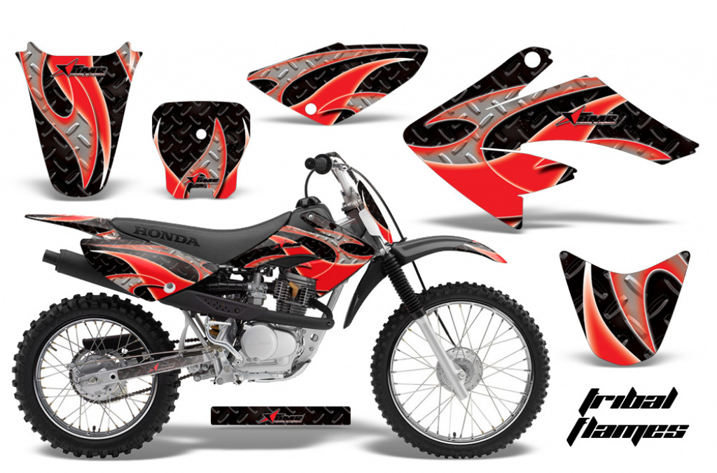 Tribal Flame Background = Black, Design color = Red with number plates for Honda CRF80/CRF100 2004-2010