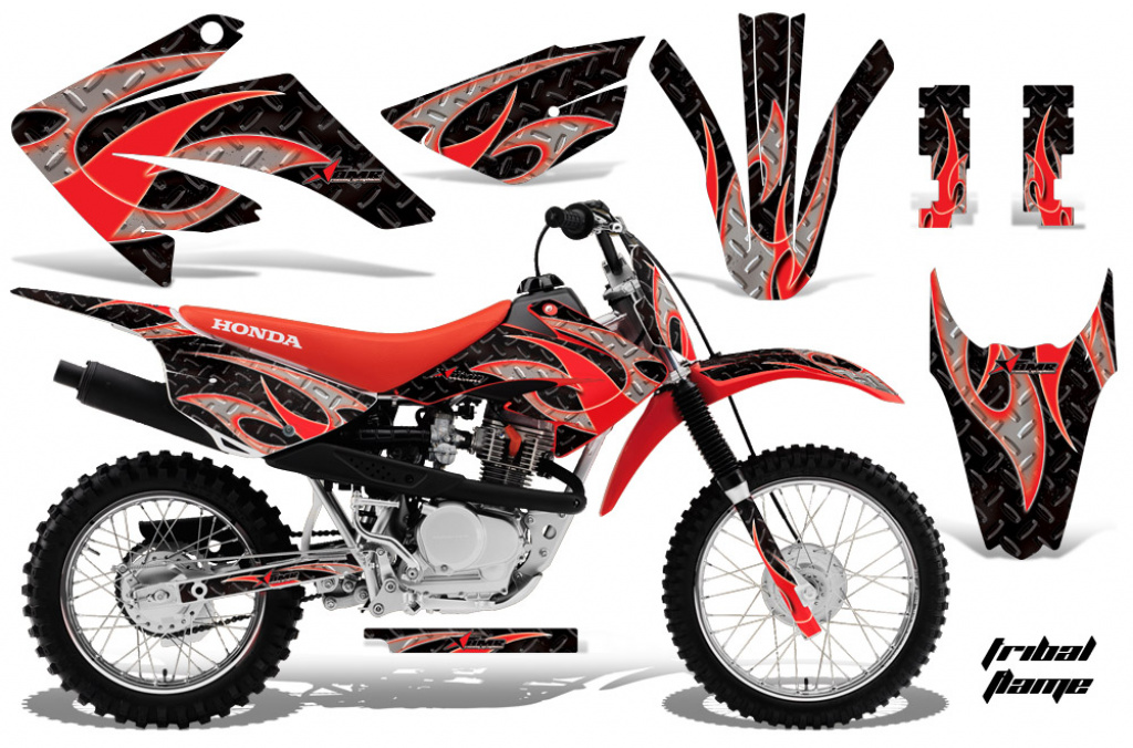 Tribal Flame Background = Black, Design color = Red with number plates for Honda CRF80/CRF100 2011-2016