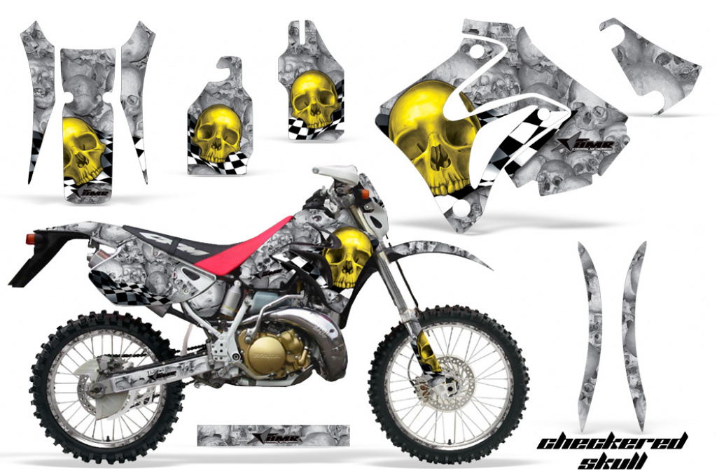 Checkered Skull Hintergrund = Silber, Designfarbe = Gelb mit Nummernfeldern für Honda CRM 250 AR 1989-1999